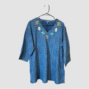 April Cornel tunic top women XXL blue floral embroidered v neck 3/4 sleeve